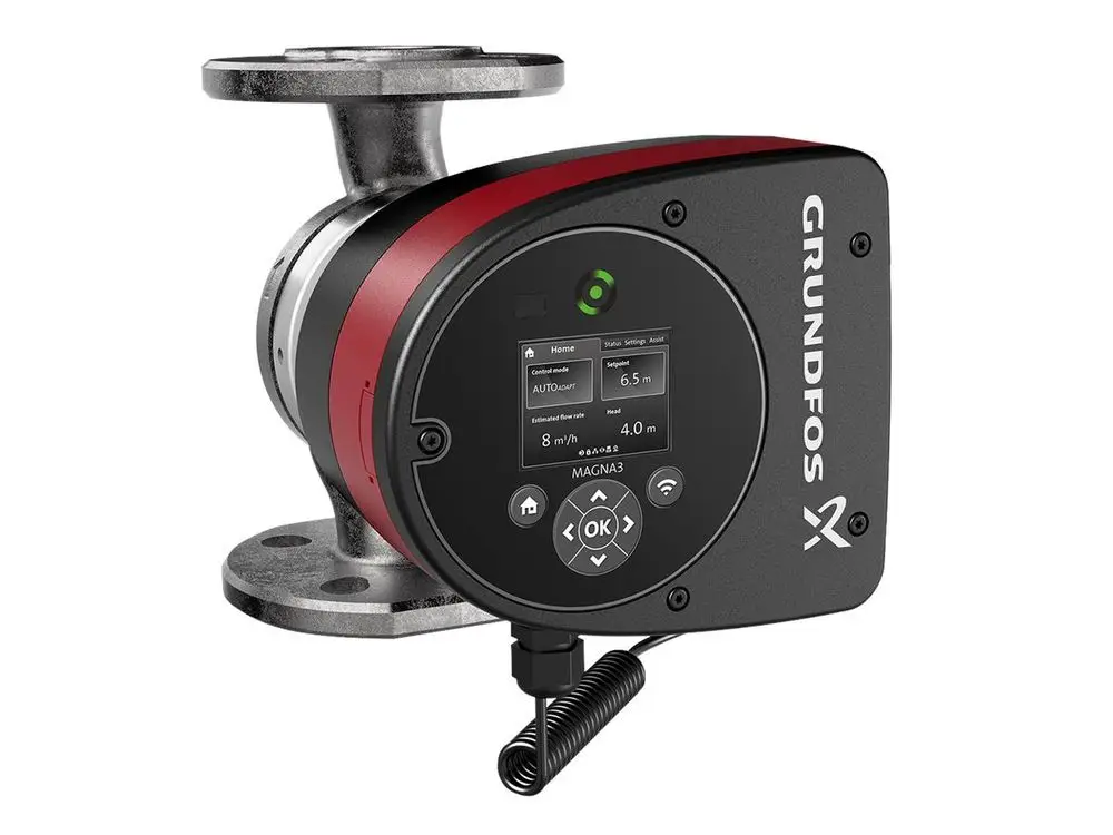Umwälzpumpe von Grundfos mit digitalem Display und Bedienelementen, flanschseitiger Anschluss, geeignet für Heizungs- oder Kühlanwendungen.